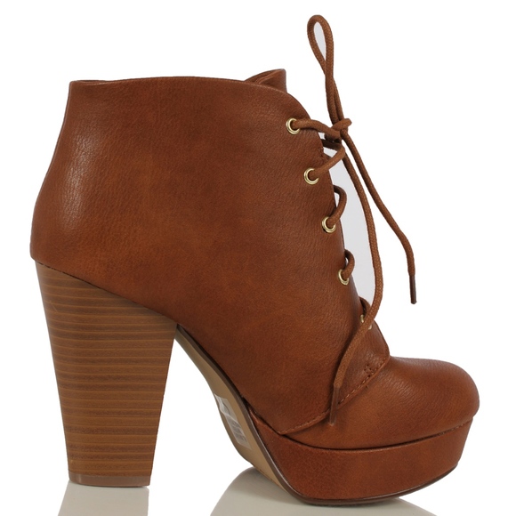 Tan Faux Leather Lace Up Platform Stack Block Heel - Picture 3 of 8